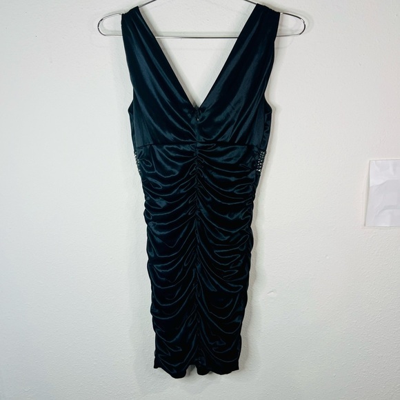 Pompous Girly Black Satin Ruched Bodycon Mini Dress Sz Small Embellished Waist - Picture 10 of 10